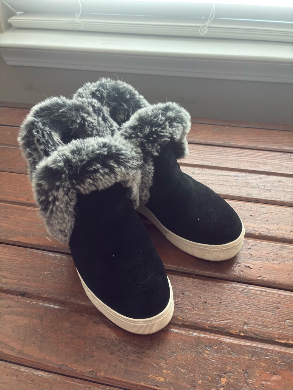 JSlides Faux Fur Trim Black Slip-On Women's Booties